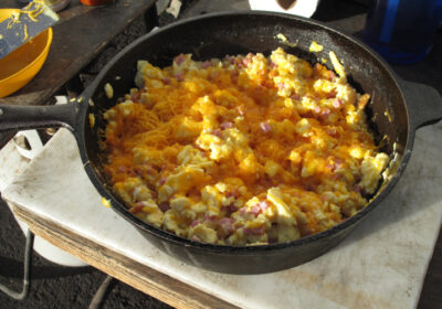 Scramble egg in cast iron pan